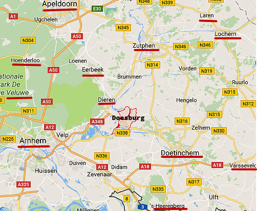 kaart van Doesburg in de Achterhoek van Gelderland en omstreken